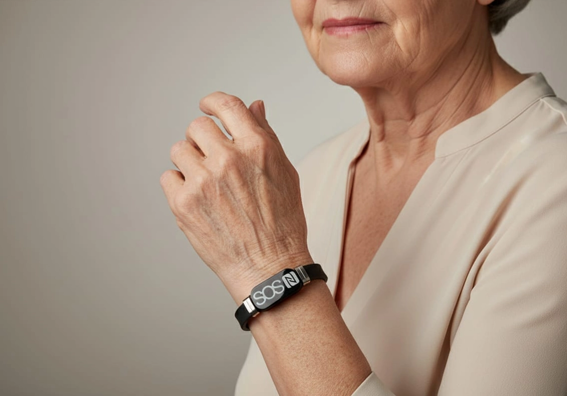 Nahaufnahme eines Armbands mit QR/NFC