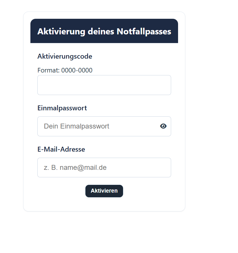 Eingabe von Notfallcode und Einmal Passwort zur Registrierung
